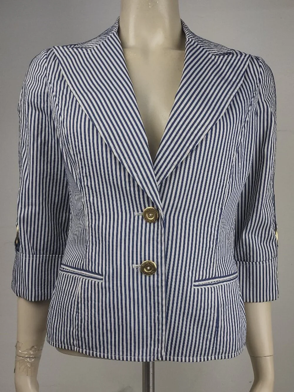 St. John blue white striped tabbed sleeve button front blazer jacket womens 4 - Picture 1 of 10